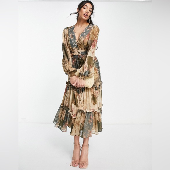 ASOS Dresses & Skirts - NWT $140 ASOS pleated double belt midi dress patchwork print floral blue brown